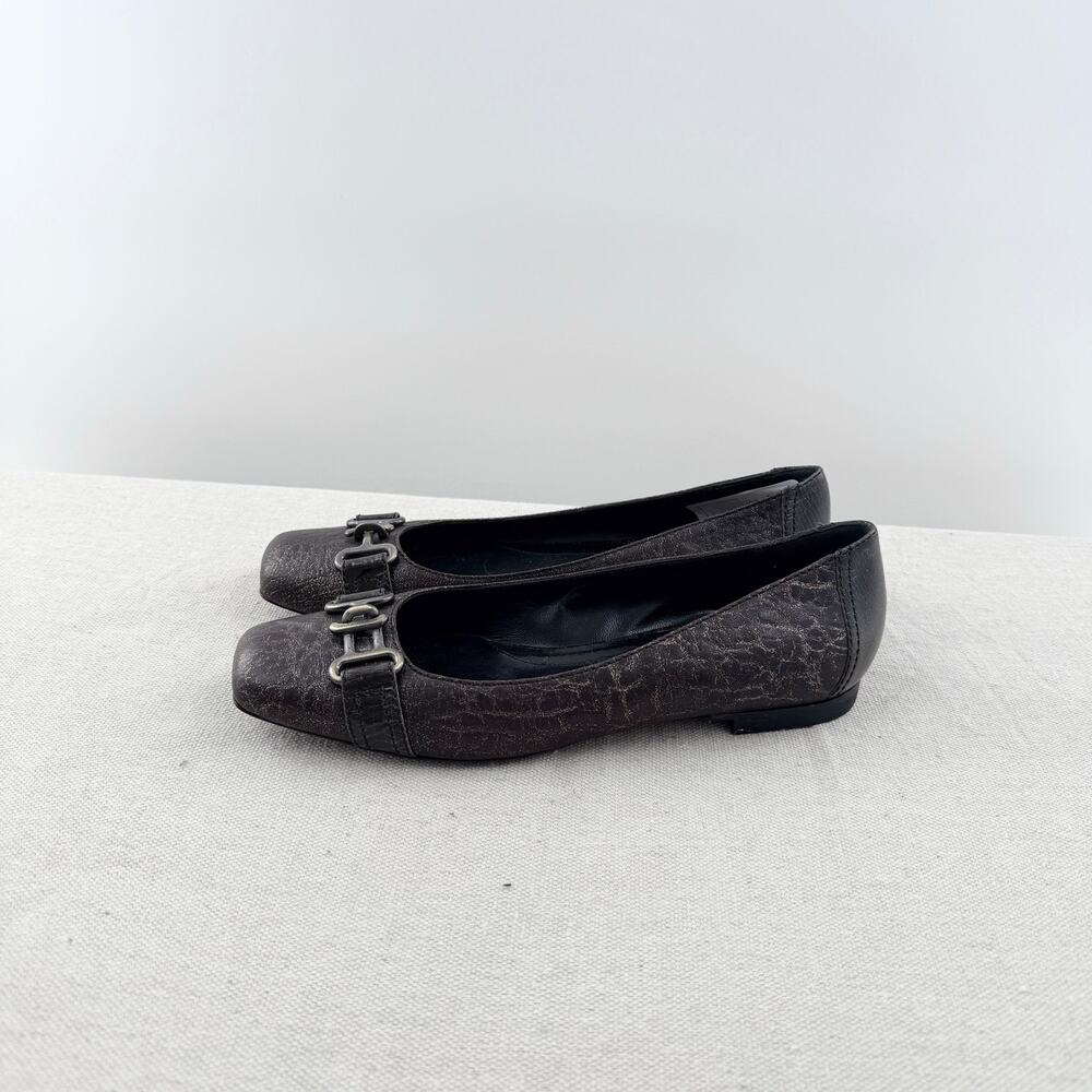 Fendi Metallic Leather Slip On Square Toe Flat Shoes Brown Women's Size EU 38.5